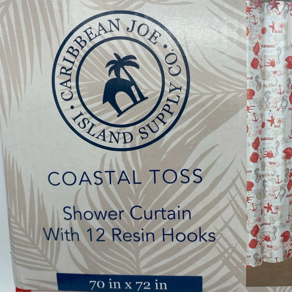 Caribbean Joe Coastal sea Shells Starfish Fabric Shower Curtain & Hooks 70x72”